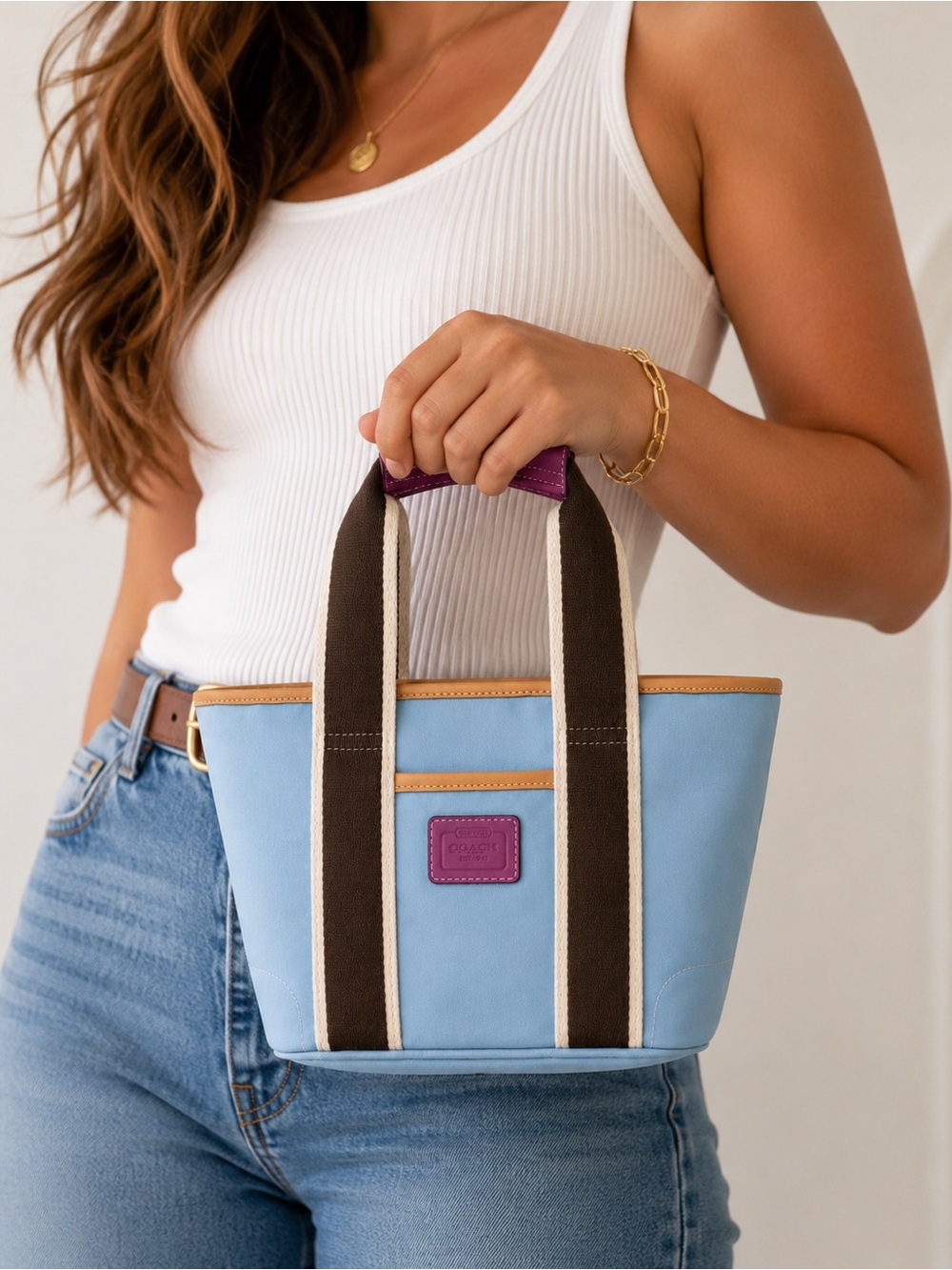 COACH Vintage Y2K Light Blue Nylon Purple Leather Accents Brown Straps Tote Bag
